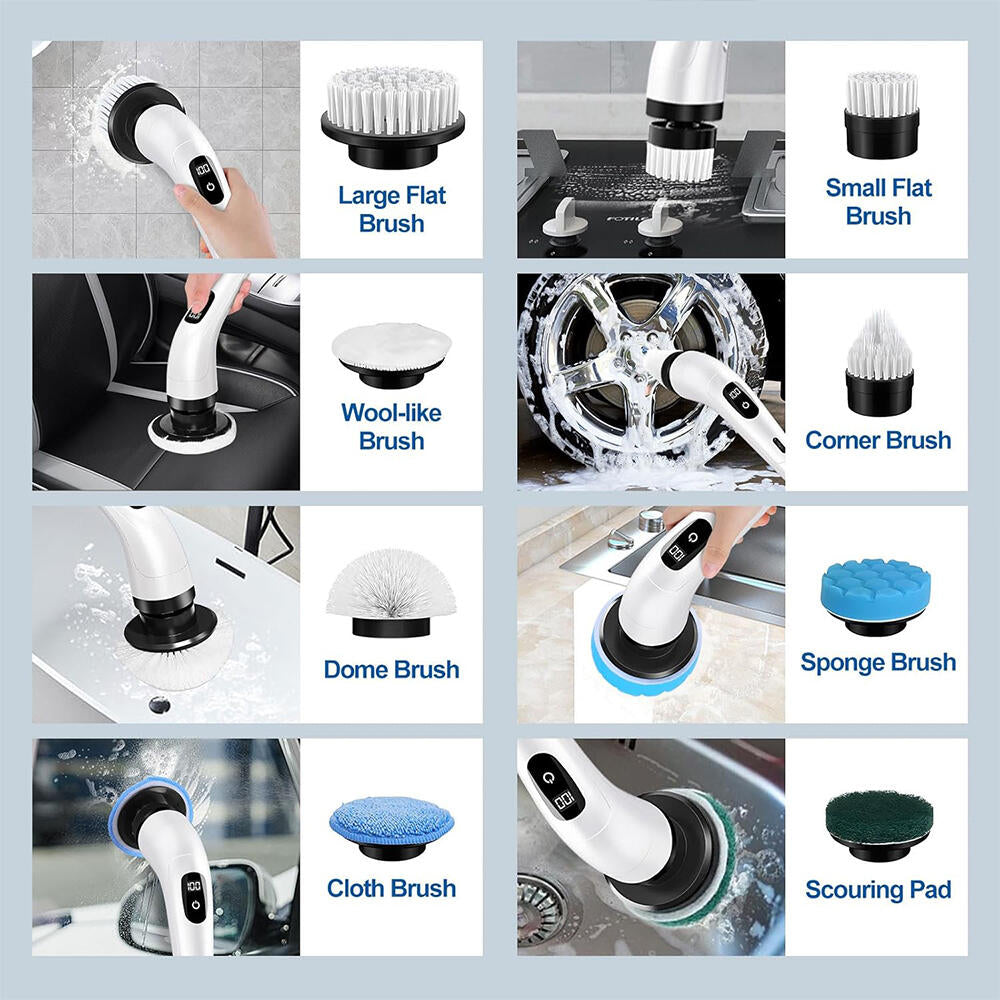 Cepillo de limpieza eléctrico giratorio con 9 cabezales para baño, cocina y coche